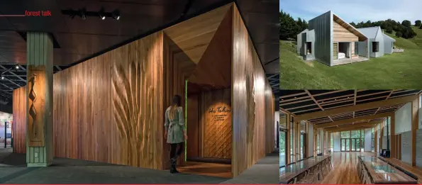  ??  ?? Left: Winner of the Resene Supreme Award was the He Tohu Document Centre.Right top: The Pukapuka Road House, Rodney, winner of the NZ Farm Forestry Assn NZ Specialty Timber Award.Right bottom: Te Wharehou o Waikaremoa­na, Rotorua won the Scion Research Wood &amp; Fibre Creativity Award.