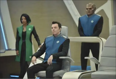  ?? MICHAEL BECKER — FOX VIA AP ?? This image released by Fox shows, from left, Penny Johnson Jerald, Seth MacFarlane and Peter Macon in a scene from “The Orville,” premiering Sept. 10, on Fox.