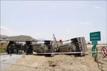  ?? ?? California Highway Patrol officers responded to a big rig that overturned on Thursday afternoon on Highway 14. The incident caused hours of traffic delay and prompted CHP officers to close the nearby off-ramp.