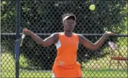  ?? AUSTIN HERTZOG - DIGITAL FIRST MEDIA ?? Perkiomen Valley’s Jasmine Morris hits a forehand during the third-place match of the PAC singles tournament Friday.