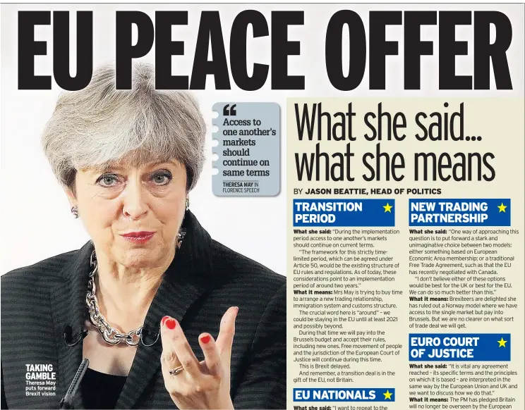 ??  ?? TAKING GAMBLE Theresa May puts forward Brexit vision What she said: What it means: What she said: What she said: What it means: What she said: What it means: