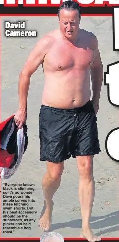  ??  ?? “Everyone knows black is slimming, so it’s no wonder Dave pours his ample curves into these fetching swim shorts. But his best accessory should be the sunscreen, as any pinker and he’d resemble a hog roast.” ;Xm`[ :Xd\ife