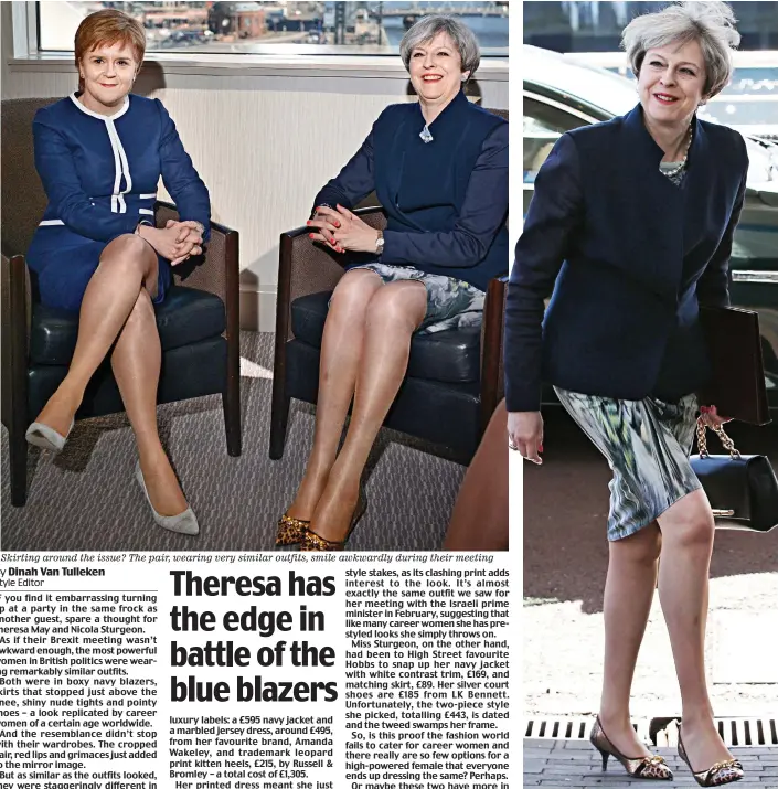  ??  ?? Skirting around the issue? The pair, wearing very similar outfits, smile awkwardly during their meeting Dressed for success: Theresa May in Glasgow