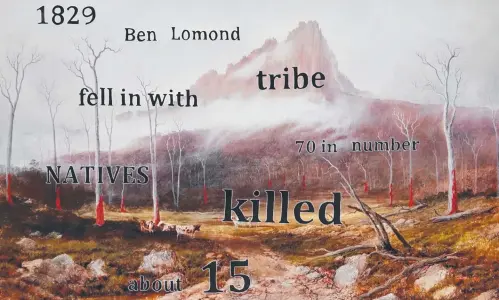  ??  ?? Above: Still from Hunting Ground (pastoral).
Below: Some Aboriginal Children living with non-Aboriginal people before 1840. (detail).
Bottom: A Murder of Crows.