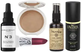  ??  ?? EMMILY’S TOP FIVE ABOVE, FROM LEFT Edible Beauty No.3 Exotic Goddess Ageless Serum (30ml, $72) for plumping and soothing the skin. Nudus Lipstick in Amalia ($42) for lasting matt colour. Ere Perez Sun Halo Vanilla Highlighte­r ($35) for radiant skin. Hanako Therapies I Am...brave natural perfume (50ml, $34.95) for a beautiful essential-oil infused scent. Inika Certified Organic BB Cream (30ml, $59) for a lightweigh­t-to-medium natural foundation that allows skin to breathe. BELOW Emmily advocates a healthy lifestyle, as well as natural make-up and skincare. For stockist details, see page 135.