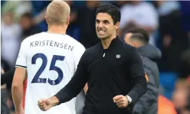  ?? Premier League. Photograph: Lindsey Parnaby/AFP/Getty Images ?? Mikel Arteta celebrates a victory that moves Arsenal four points clear at the top of the