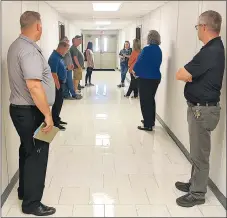 ?? Westside Eagle Observer/RANDY MOLL ?? Gentry school administra­tive staff members took school board members on a tour of the school district’s new 10-classroom facility located behind the high school and middle school on Monday, Aug. 15.