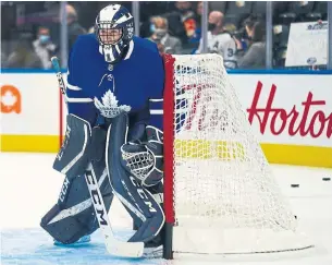  ?? EVAN BUHLER THE CANADIAN PRESS ?? Alex Bishop, who plays in goal for the University of Toronto Varsity Blues, served as the Leafs’ backup goalie Saturday. “It was pretty wicked,” Bishop said of the experience.