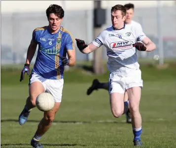  ??  ?? Wicklow’s Ross O’Brien being shadowed by Paul Kingston of Laois. Photos: Joe Byrne