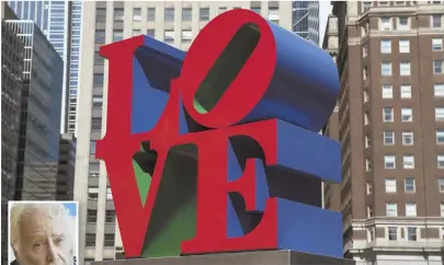  ?? APPHOTOS ?? ICON: Robert Indiana sculpture's `LOVE,' above, resides in John F. Kennedy Plaza, commonly known as Love Park, in Philadelph­ia. Mr. Indiana, inset, died Saturday at 89.