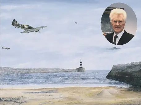  ??  ?? Squadron Leader Fl Lt Francis William Blackadder shooting down a German Heinkel 111 bomber over Seaham Harbour, painted by Denis Fox, inset.