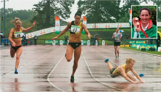  ?? PAT MURPHY AND BRENDAN MORAN/SPORTSFILE ?? Emily Maher crosses the line to win the women’s 100m in the 2007 Senior Track and Field Championsh­ips at Morton Stadium as Derval O’Rourke falls and (inset) with the two gold medals she won in the 1998 World Youth Olympics in Moscow.