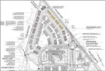  ?? SUBMITTED PHOTO ?? This sketch plan shows the layout for the proposed Limerick Town Center project, with the senior housing units at the center and right, the three commercial buildings along Ridge Pike and the 160 townhomes to the north, along Swamp Pike.