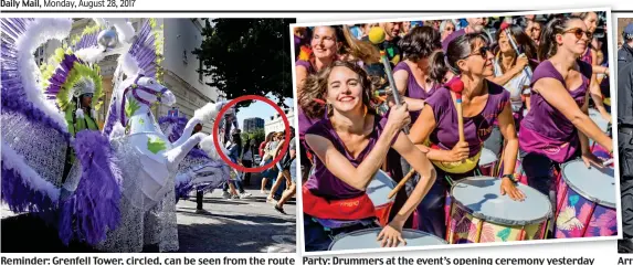  ??  ?? Reminder: Grenfell Tower, circled, can be seen from the route ute Party: Drummers at the event’s opening ceremony yesterday