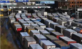  ?? Photograph: James Veysey/REX/Shuttersto­ck ?? Trucks in Dover heading to the EU in January. Ministers want to avoid similar disruption affecting food imports from the EU.