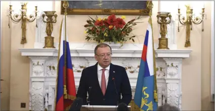  ??  ?? Russian ambassador Alexander Vladimirov­ich Yakovenko speaking at a news conference on Thursday, at his country’s embassy in London in the aftermath of the Salisbury nerve agent attack on Russian double agent Sergei Skripal and his daughter Yulia. Ahead...