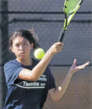  ??  ?? Katharine Lotze/The
Signal (See additional photos on signalscv.com) (Above) West Ranch third singles player Angelina Cuiffo returns a shot to her opponent during a tennis match against Golden Valley at West Ranch on Tuesday. (Below) West Ranch’s Dani...