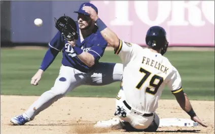  ?? MORRY GASH/AP ?? LOS ANGELES DODGERS’ GAVIN LUX tags out Milwaukee Brewers’ Sal Frelick at second on a stolen base attempt during the second inning of a spring training game on Feb. 25 in Phoenix.