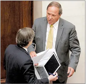  ?? Arkansas Democrat-Gazette/JOHN SYKES JR. ?? After speaking for his bill on hog farm permits Tuesday, Sen. Gary Stubblefie­ld (right) talks with Sen. Will Bond, who opposed the legislatio­n. More photos are available at arkansason­line.com/320genasse­mbly/.