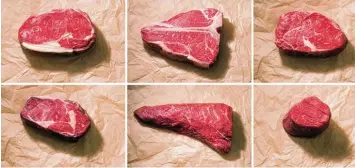  ?? Foto: Lino Mirgeler, dpa ?? Die besten Stücke vom Rind für Steaks (Von links oben nach rechts unten): Rumpsteak, T Bone Steak, Wet Aged Entrecôte, Dry Aged Entrecôte, Bürgermeis­terstück sowie Filet.