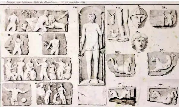  ?? REPRO: MARTIN BAUS ?? Römische Funde, die im „Antikengar­ten“von Franz Karl Dercum in Blieskaste­l präsentier­t wurden: 1824 wurden Zeichnunge­n davon veröffentl­icht.