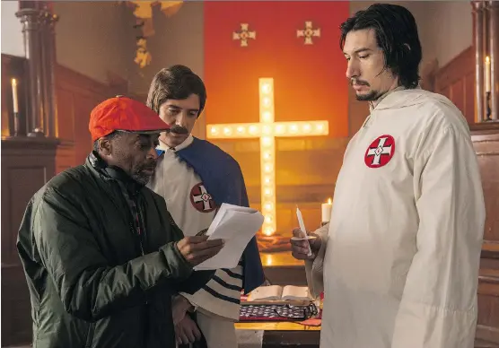  ?? PHOTOS: FOCUS FEATURES ?? Spike Lee, left, directs Topher Grace and Adam Driver on the set of BlacKkKlan­sman. Its release comes a year after the violent clashes in Charlottes­ville, Va.