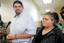  ?? [PHOTO BY MIKE SIMONS, TULSA WORLD] ?? Carl Morse, father of Jeremey Lake, and Hattie Cagle, Lake’s sister, speak to the media after Shannon Kepler was sentenced for killing Jeremey Lake on Monday in Tulsa.