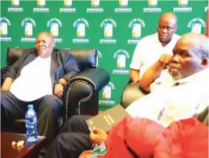  ?? Photo: Chanel George ?? Mayor Mzimkhulu Thebolla, chief whip councillor Sandile Dlamini and Msunduzi Municipal Manager Lulamile Mapholoba (front).