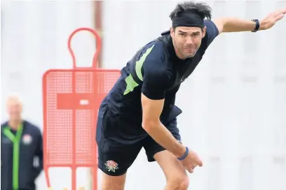  ??  ?? ●●Lancashire’s Jimmy Anderson bowls during training ahead of the first Test against West Indies