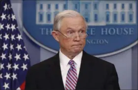  ?? PABLO MARTINEZ MONSIVAIS — THE ASSOCIATED PRESS ?? In this file photo, Attorney General Jeff Sessions pauses while speaking to members of the media during the daily briefing in the Brady Press Briefing Room of the White House in Washington. Sessions resigned. as the country’s chief law enforcemen­t officer after enduring more than a year of blistering and personal attacks from President Donald Trump over his recusal from the Russia investigat­ion.