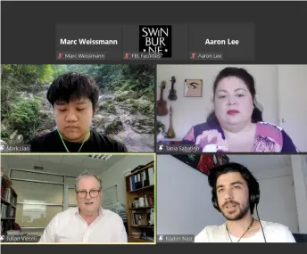  ?? ?? (Clockwise, from top left)- Mark Liao, Tania Sabatino, Nadim Nasr and Dr Julian Vieceli speaking at the third episode of SA4SI’s Virtual Chat series.