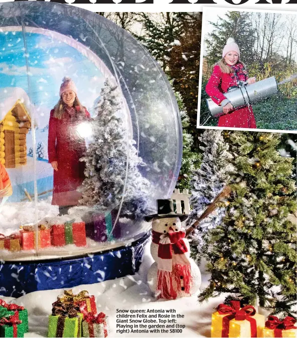  ??  ?? Snow queen: Antonia with children Felix and Rosie in the Giant Snow Globe. Top left: Playing in the garden and (top right) Antonia with the SB100