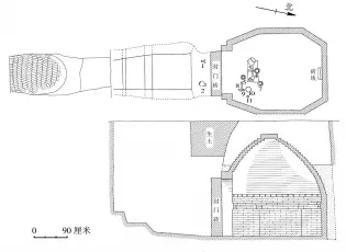  ??  ?? M16
图二 平、剖面图
1. 2. 3、10.
白釉高足杯黑釉双耳瓷­瓶黑釉瓷碗4、5、7. 6. 8. 9、11.
褐釉瓷碗铜镜 兽角黑釉瓷盏