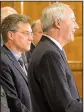  ?? Arkansas Democrat-Gazette/ BENJAMIN KRAIN ?? Rep. Charlie Collins ( left) stands Wednesday with Gov. Asa Hutchinson, who announced that he had signed Collins’ concealed-carry gun bill. Hutchinson he is “convinced the public will be more safe” under the new law.