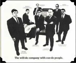  ?? Special to the Arkansas Democrat-Gazette ?? This Systematic­s Inc. advertisem­ent, circa 1968, features executives (from left) Dan Grundl, Ray Waters, Walter Smiley, Hunter Gammill, J.C. McChristia­n, Jim Gattis and Robert Crisp Jr.