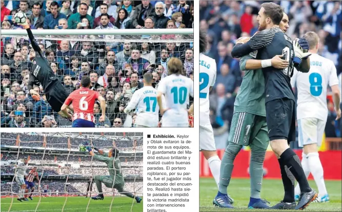  ??  ?? ■ Exhibición. Keylor y Oblak evitaron la derrota de sus equipos. El guardameta del Madrid estuvo brillante y realizó cuatro buenas paradas. El portero rojiblanco, por su parte, fue el jugador más destacado del encuentro. Realizó hasta siete paradas e...