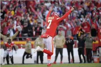  ?? AP Photo/Reed Hoffmann ?? ■ Kansas City Chiefs kicker Harrison Butker (7) celebrates his winning field goal against the Minnesota Vikings on Sunday during the second half of an NFL game in Kansas City, Mo.