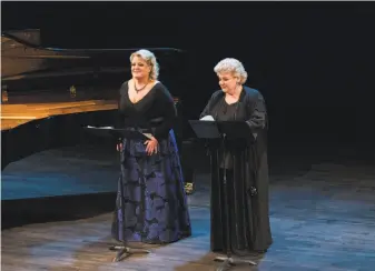  ?? Drew Altizer ?? Soprano Deborah Voigt (left) and mezzo-soprano Dolora Zajick open the Merola 60th anniversar­y gala concert with the Barcarolle from Offenbach’s “Tales of Hoffmann.”