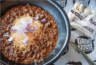  ?? CONTRIBUTE­D BY TORI ALLEN ?? Grindhouse Impossible (vegetarian) Chili uses a combinatio­n of Impossible Burger-style “meat,” jackfruit and tempeh in place of the original’s ground beef, shredded brisket and chorizo.