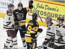  ?? CLIFFORD SKARSTEDT PETERBOROU­GH EXAMINER FILE PHOTO ?? Hamilton Bulldogs’ Liam Stevens and Logan Morrison celebrate a goal against the Petes in Peterborou­gh on Sept. 29.