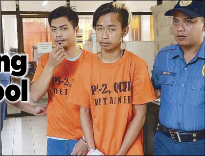  ?? BOY SANTOS ?? Ralph Norman Peñaflor, John Ross Ong and Eunice Zhiska Zeta (left photo) are presented in a press conference at Camp Karingal yesterday.