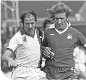  ??  ?? Jim Fallon (left) tussles with Ayr United’s Danny Masterton in 1977