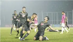  ?? ?? Daizo Horikoshi celebrates after scoring a go-ahead goal for Kaya Futbol Club-Iloilo.