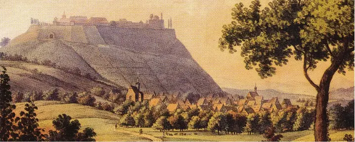  ?? Bild (Lithografi­e um 1820): Haus der Geschichte Baden Württember­g ?? Auf den Bergen wohnt mitnichten immer die Freiheit: die Festung Hohenasper­g (bei Ludwigsbur­g), ein Staatsgefä­ngnis mit atemberaub­ender Aussicht.