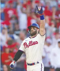  ?? PATRICK SMITH/GETTY IMAGES ?? In six post-season games, Bryce Harper of the Philadelph­ia Phillies has hit three home runs and batted .435.