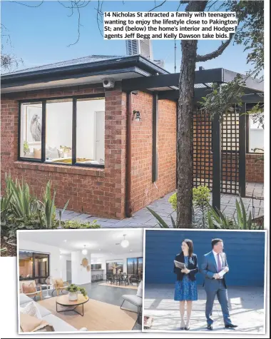  ?? ?? 14 Nicholas St attracted a family with teenagers wanting to enjoy the lifestyle close to Pakington St; and (below) the home’s interior and Hodges agents Jeff Begg and Kelly Dawson take bids.