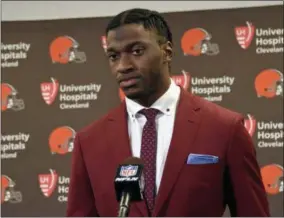  ?? DONWRIGHT — THE ASSOCIATED PRESS FILE ?? In this file photo, Cleveland Browns quarterbac­k Robert Griffin III is shown during a news conference following an NFL football game against the Pittsburgh Steelers, in Pittsburgh. A person familiar with the decision says the Cleveland Browns are...