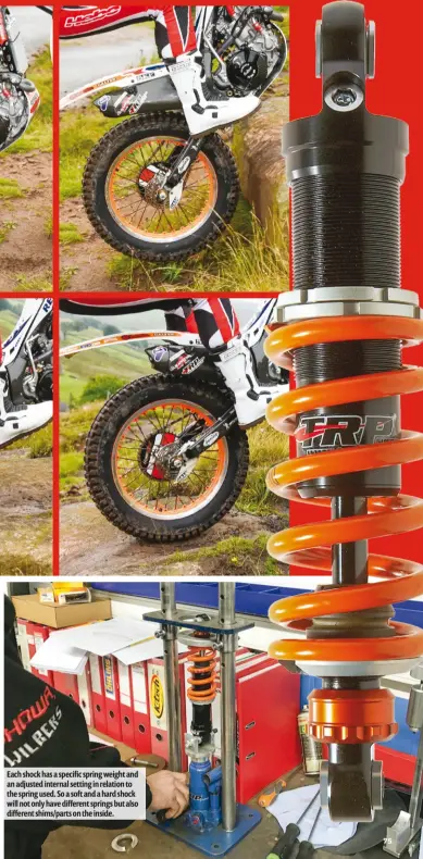  ??  ?? 75 Each shock has a specific spring weight and an adjusted internal setting in relation to the spring used. So a soft and a hard shock will not only have different springs but also different shims/parts on the inside.