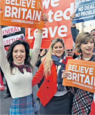  ??  ?? Thousands of pro-brexit supporters filled London’s Parliament Square yesterday on the day the UK was originally supposed to leave the EU. People carried placards and posters sporting slogans such as “Believe in Britain: Leave means leave” and “No deal? No problem”. The day began as 50 hardcore Brexiteers finally step foot in London, the end point of their March to Leave protest, a twoweek-long 300mile trek that set off from Sunderland, backed by Nigel Farage, the former Ukip leader. The crowd cheered as the news of Theresa May’s third defeat on her Withdrawal Agreement spread from Parliament.