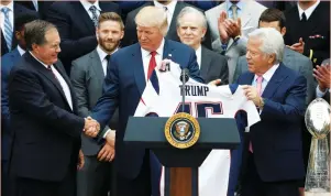  ?? (Reuters) ?? US PRESIDENT Donald Trump shakes hands with New England Patriots head coach Bill Belichick (left) while standing next to team owner Robert Kraft during an event honoring the Super Bowl champions at the White House in April. This week, Trump made...